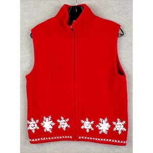 Lisa International Womens Sweater M Vest Red Wool Full Zip Cabincore Holiday